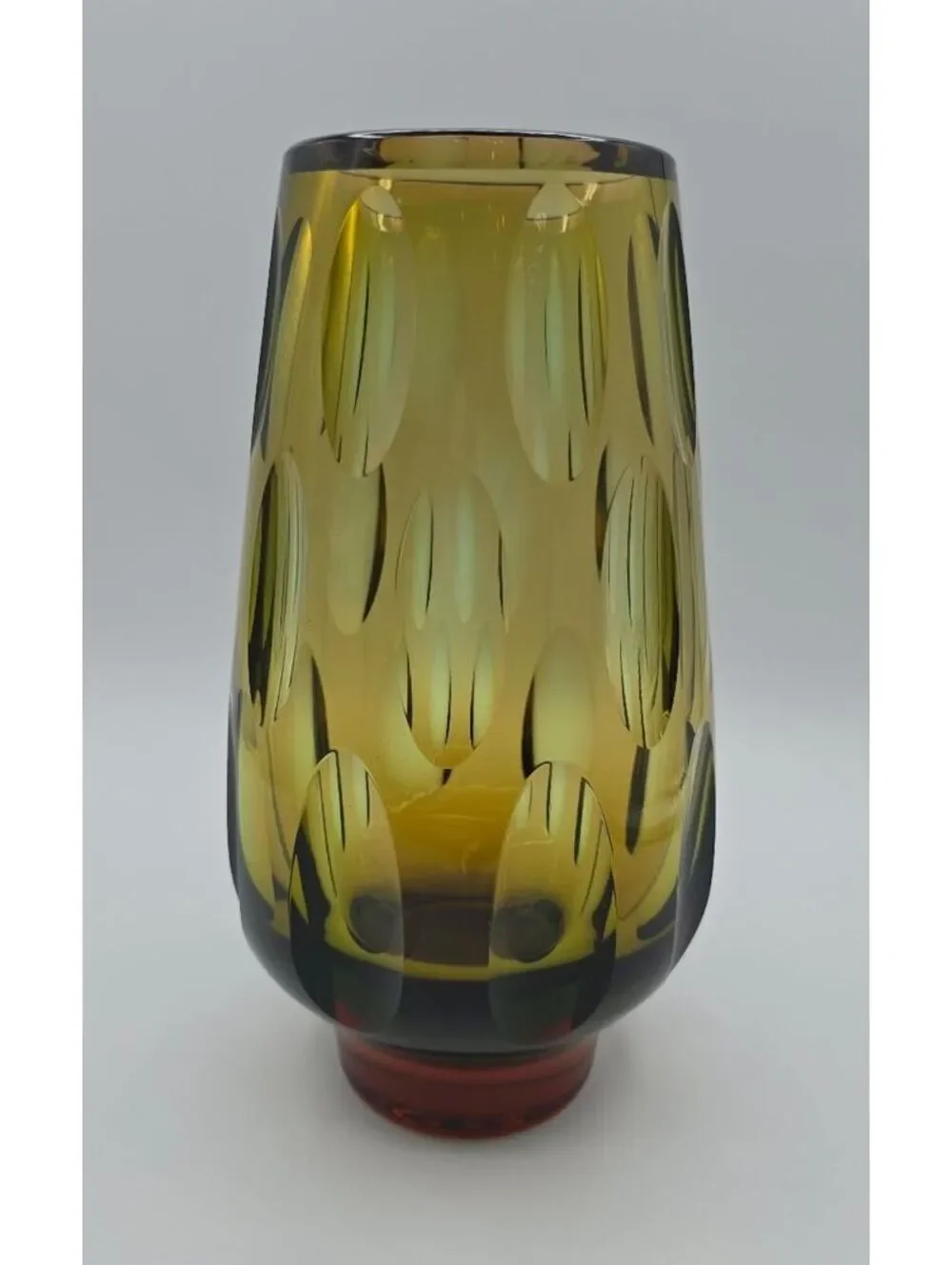 Vintage MCM WMF Erich Jachmann Olive Cut Crystal Art Glass Vase 9.5